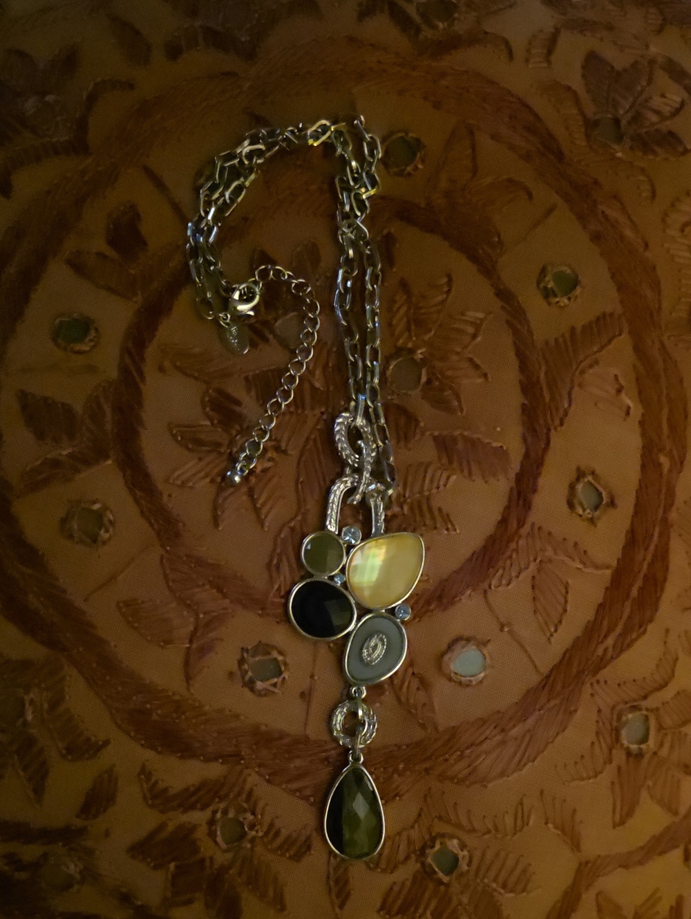 Never Worn Lia Sophia Silver Necklace with Olive Green, Goldenrod, &Black Stones